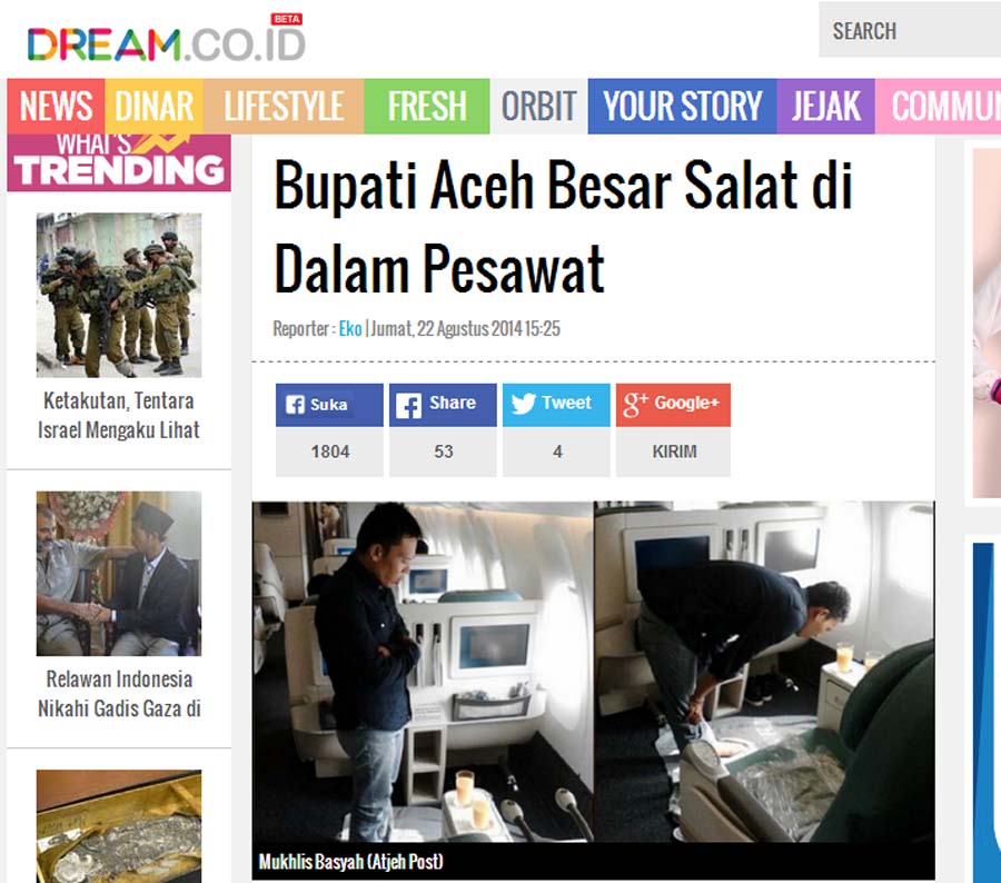 Kata Mereka tentang Foto Bupati Aceh Besar Salat di Pesawat